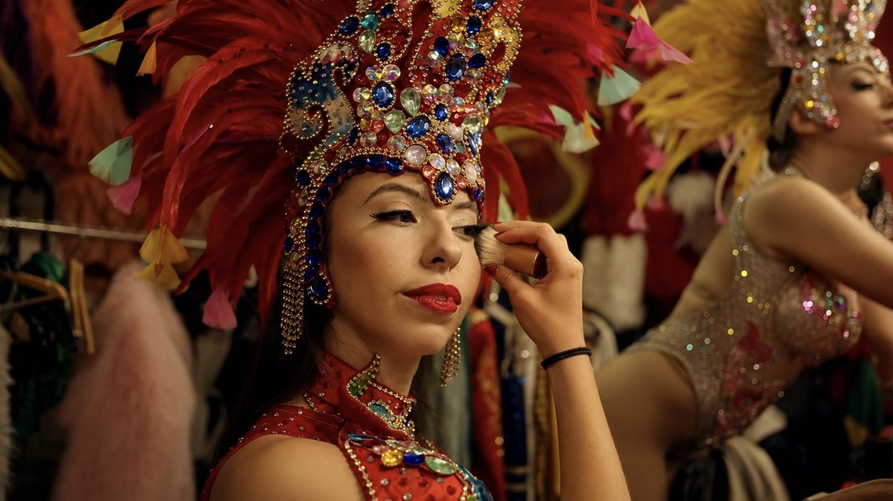 Préparation d’une artiste en costume rouge dans les coulisses du Cabaret Dory Arena ; illustration, sans visite des coulisses comprise.