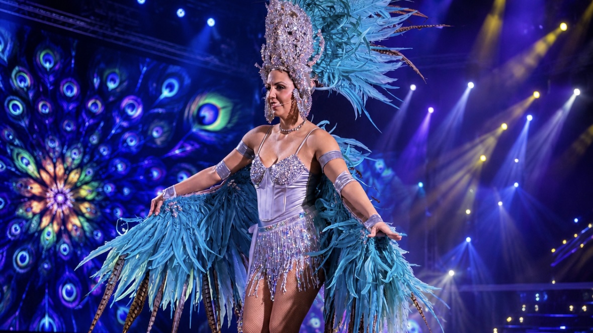 Artiste du Cabaret Dory Arena en costume à plumes turquoise sur scène.