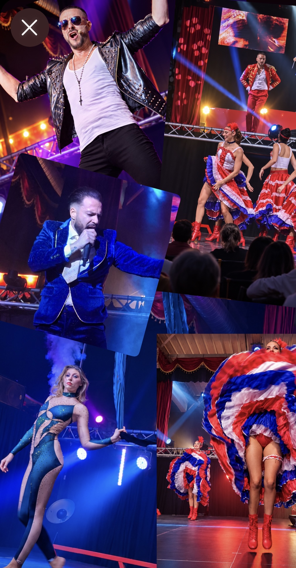Dernière version jointe du montage photographique du spectacle Dory Arena, sans croix ni bouton de fermeture : chanteurs et danseuses en costumes sur scène.