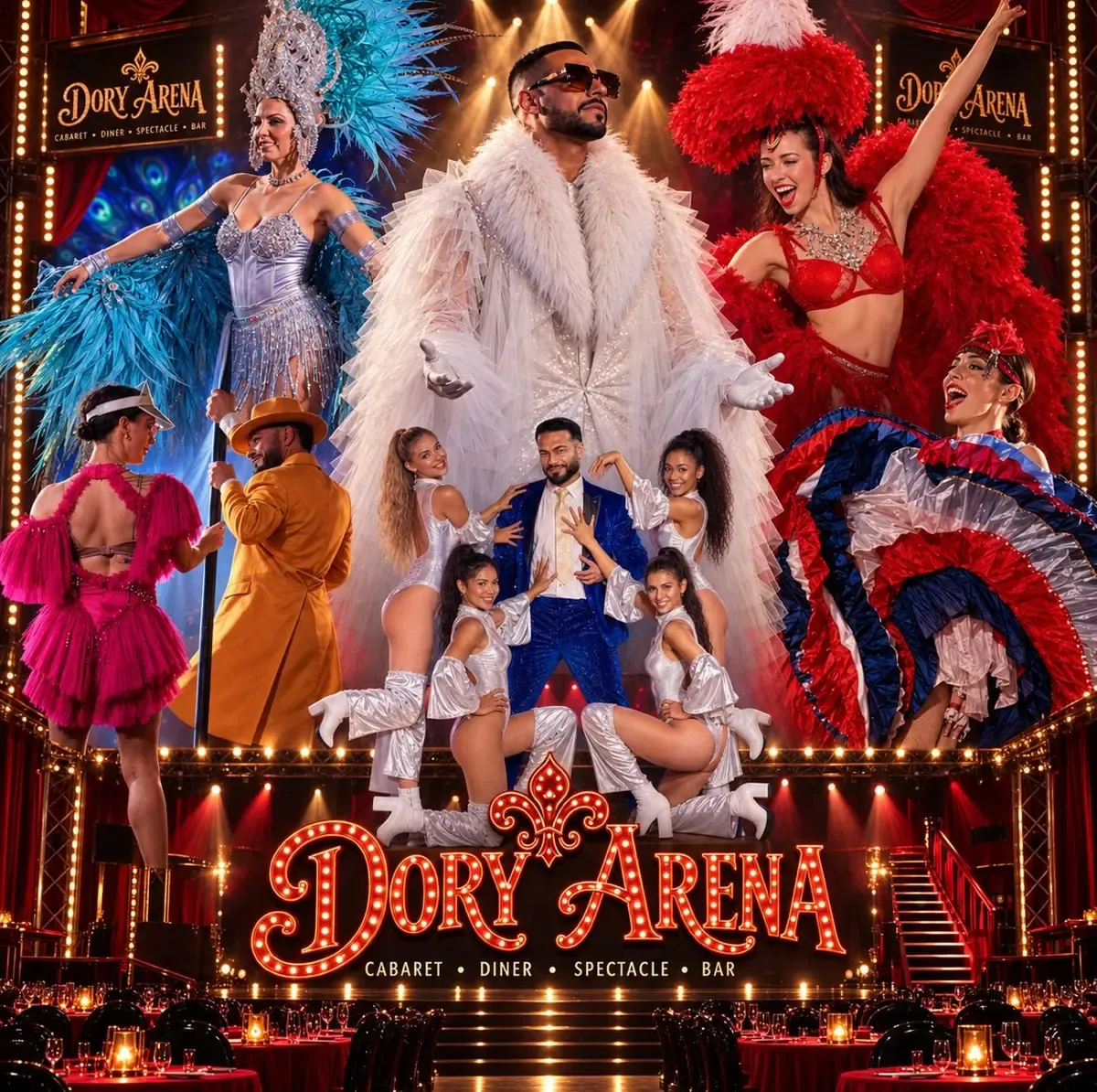 Visuel promotionnel du Cabaret Dory Arena : montage des artistes en costumes et du nom du cabaret, fourni pour illustrer le rendez-vous.
