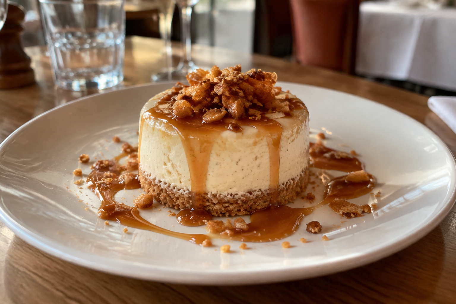 Bavaroise légère à la vanille, sublimée par des notes de caramel, sur un délicat biscuit croustillant.