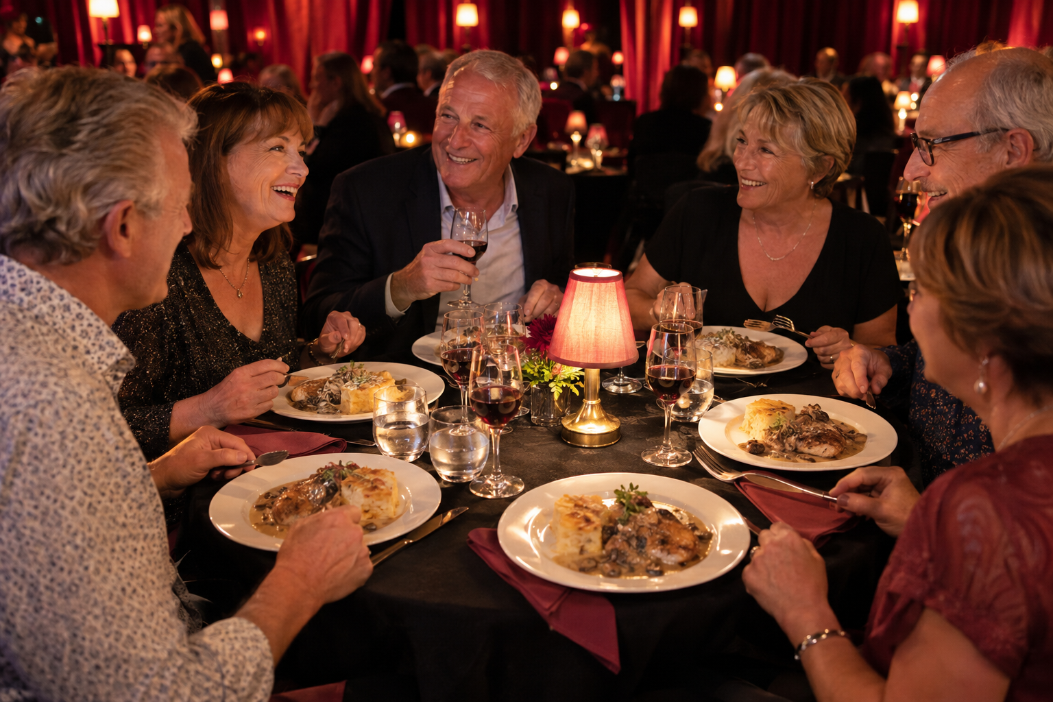 Illustration non contractuelle d’un déjeuner convivial en intérieur, reprise de la rubrique À table du Cabaret Paillette ; ne représente pas les locaux du Cabaret Dory Arena.