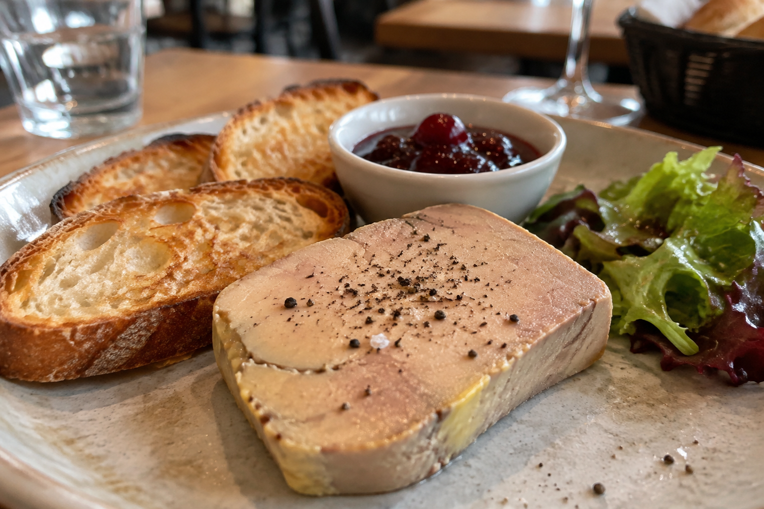 Foie gras délicatement assaisonné, accompagné de pain toasté et d’un confit aux fruits rouges