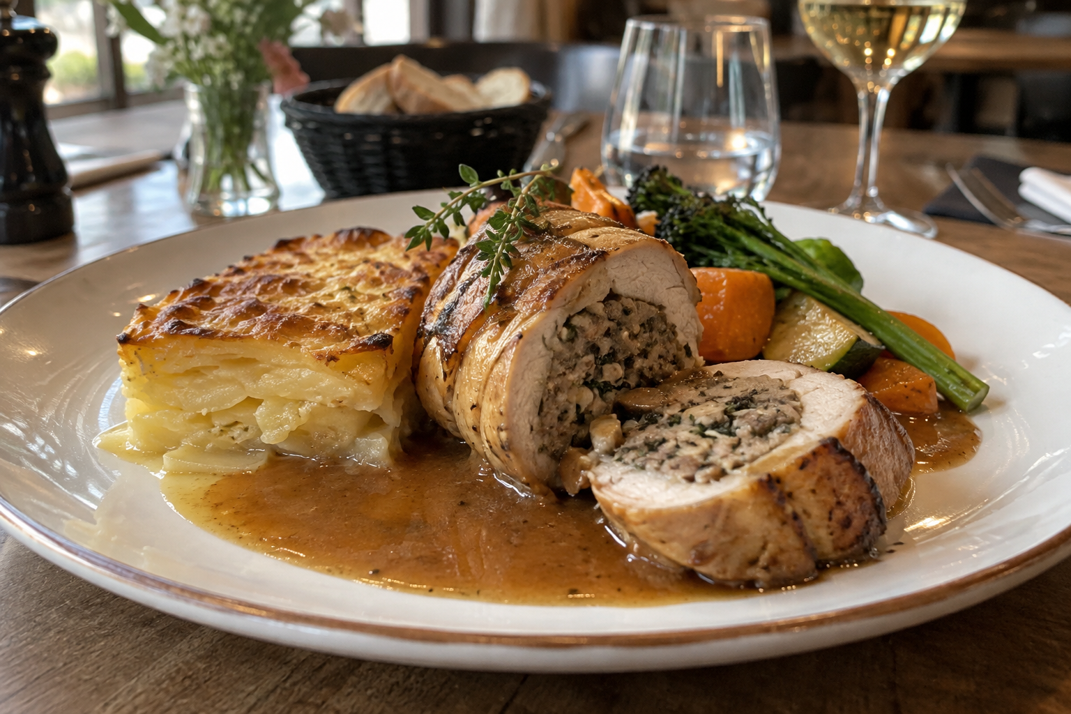 Pintade roulée et généreusement farcie, accompagnée d’une sauce savoureuse, d’un gratin dauphinois fondant et de légumes colorés